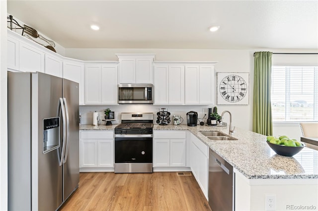 kitchen featuring appliances with stainless steel finishes, white cabinetry, light hardwood / wood-style floors, sink, and decorative backsplash