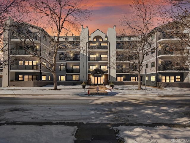 view of snow covered building