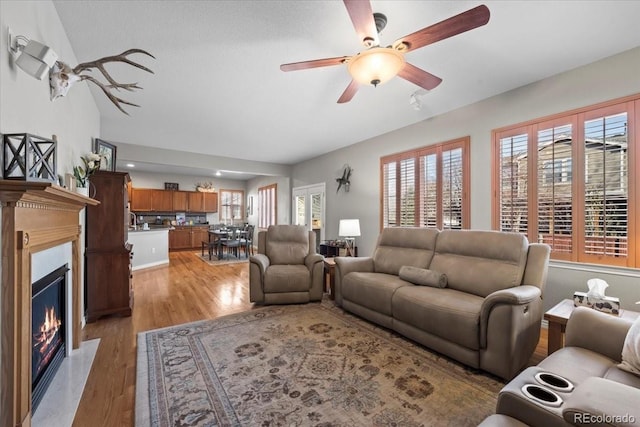 living room featuring ceiling fan, light hardwood / wood-style flooring, and vaulted ceiling