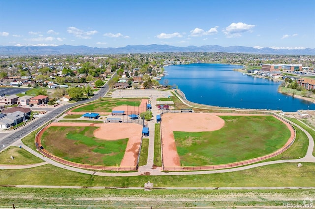 birds eye view of property featuring a water and mountain view