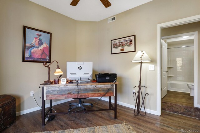 home office featuring ceiling fan and dark hardwood / wood-style flooring