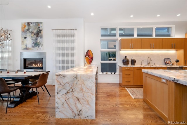 kitchen with tasteful backsplash, sink, and light hardwood / wood-style floors