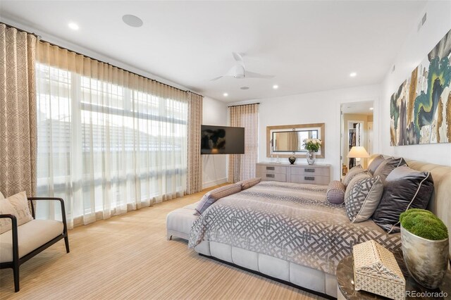 bedroom featuring a ceiling fan, recessed lighting, and carpet floors