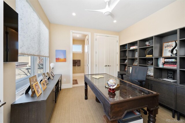 office area with light carpet, ceiling fan, recessed lighting, and baseboards