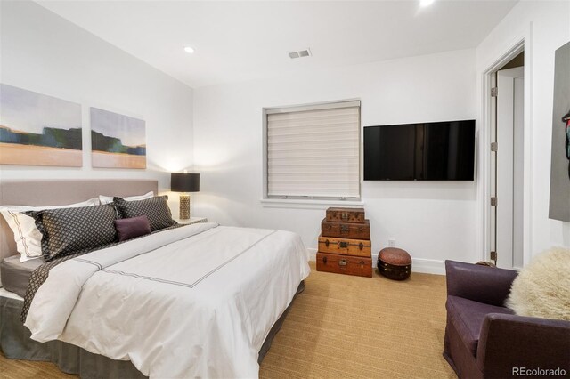 bedroom with carpet, recessed lighting, and baseboards