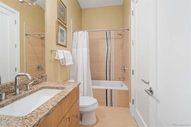 full bathroom with toilet, shower / bathtub combination with curtain, and vanity