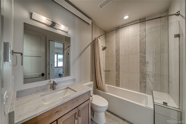 bathroom with visible vents, vanity, toilet, shower / bathtub combination with curtain, and recessed lighting