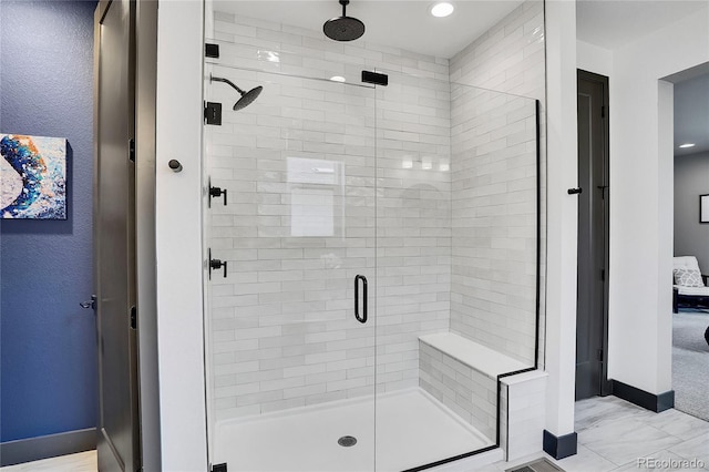 21345 E 59th Dr, Aurora, CO 80019 - full bathroom featuring a shower stall and marble look tile flooring