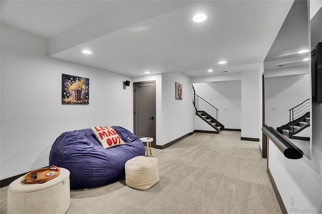 21345 E 59th Dr, Aurora, CO 80019 - living area featuring recessed lighting, light carpet, and stairway