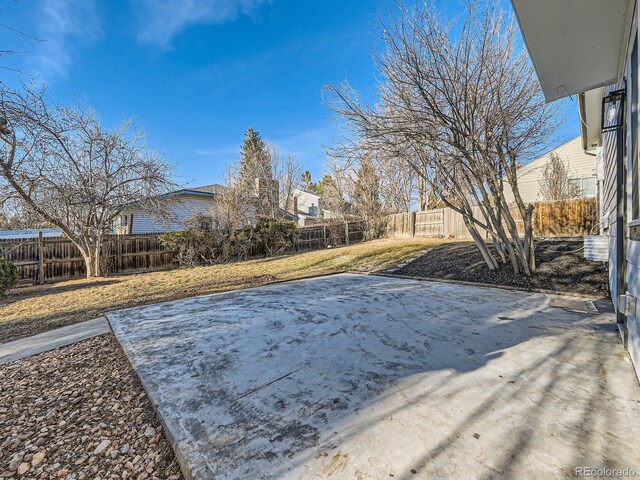 view of yard with a fenced backyard and a patio