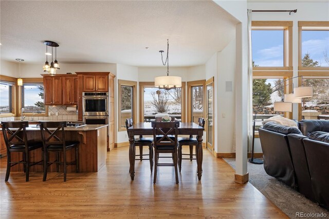 dining space with light wood-style floors, baseboards, and a wealth of natural light