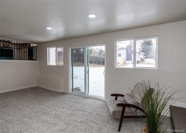 interior space with a textured ceiling and carpet floors