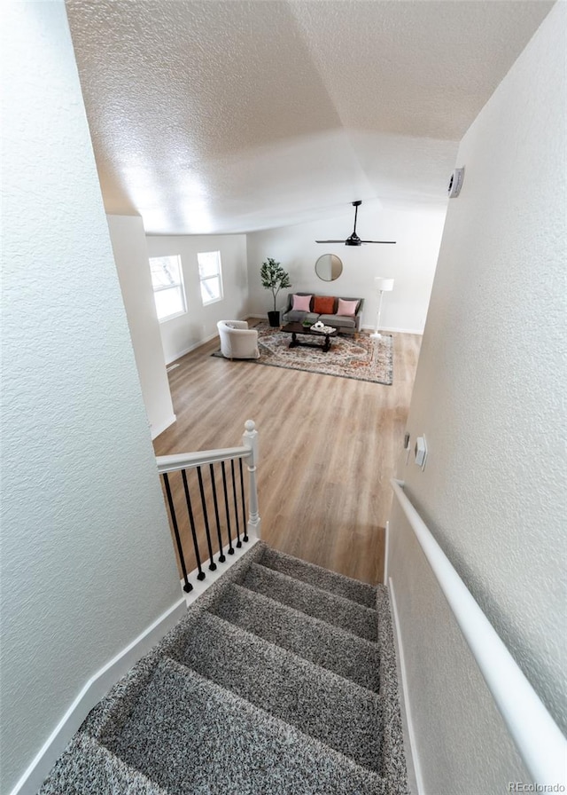 stairway featuring a textured ceiling and wood-type flooring