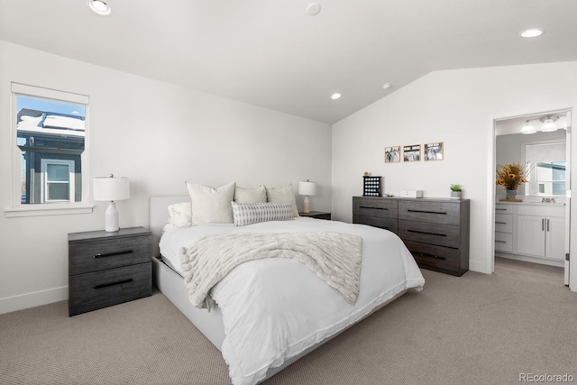 bedroom featuring recessed lighting, baseboards, vaulted ceiling, and light colored carpet