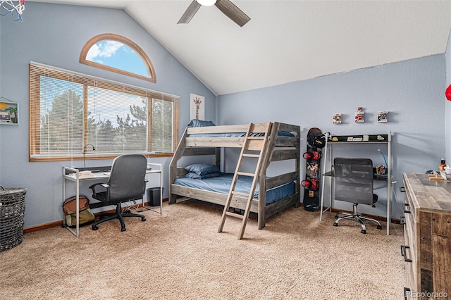 carpeted bedroom with lofted ceiling and ceiling fan