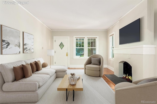 living room with crown molding and wood-type flooring