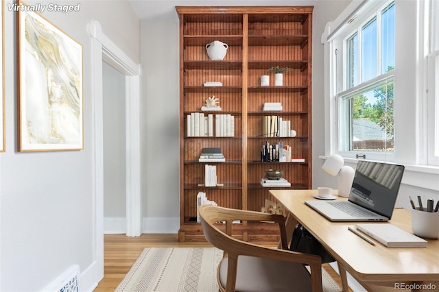 office space featuring light hardwood / wood-style flooring and a healthy amount of sunlight