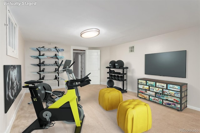 workout area featuring light carpet