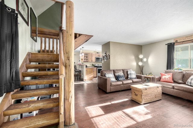 living room with dark hardwood / wood-style floors