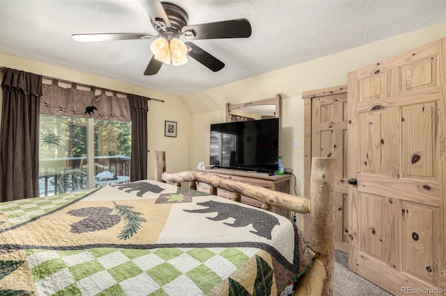 bedroom with ceiling fan, carpet flooring, lofted ceiling, and access to outside