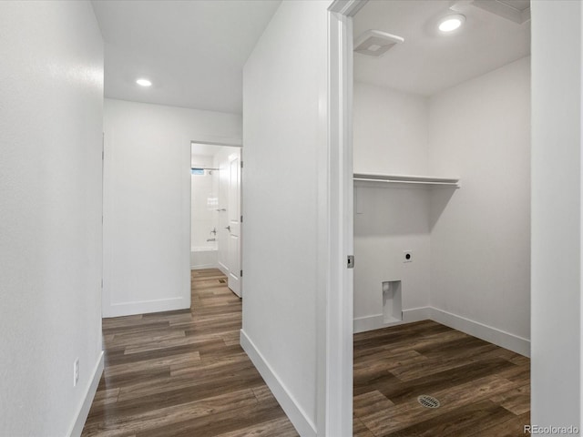 17843 W 93rd Pl, Arvada, CO 80007 - washroom featuring hookup for an electric dryer, dark wood finished floors, and recessed lighting