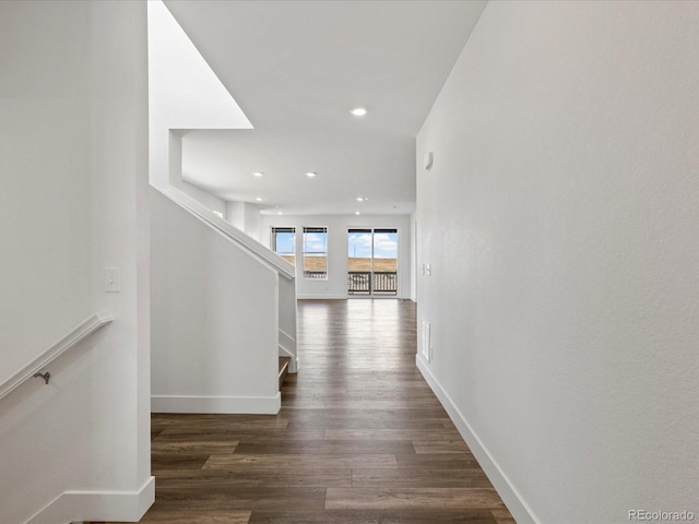 17843 W 93rd Pl, Arvada, CO 80007 - hall with dark wood-type flooring, recessed lighting, and stairs