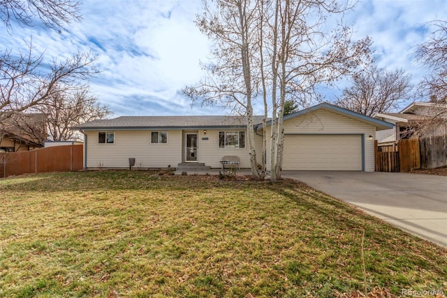 ranch-style house with a garage and a front lawn