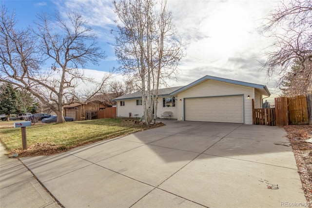 single story home featuring a garage and a front lawn