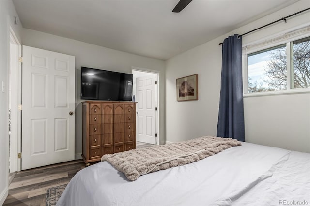 bedroom with dark hardwood / wood-style flooring and ceiling fan