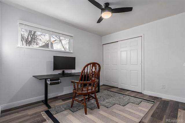 office space featuring ceiling fan and wood-type flooring