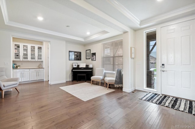 entryway featuring a raised ceiling, wood-type flooring, and crown molding