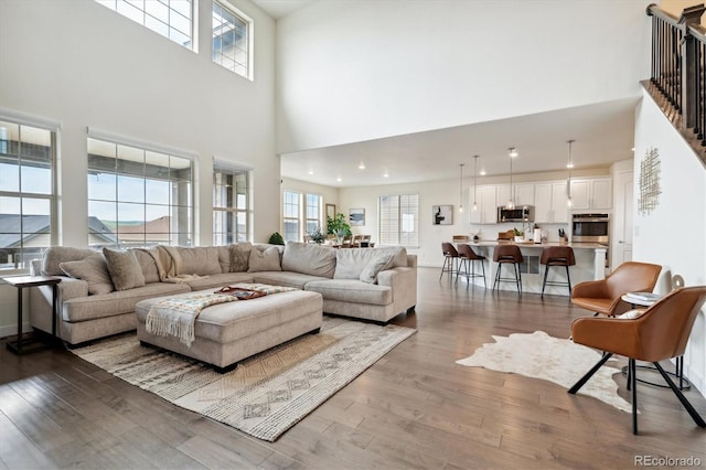 living room featuring hardwood / wood-style flooring, plenty of natural light, and a high ceiling