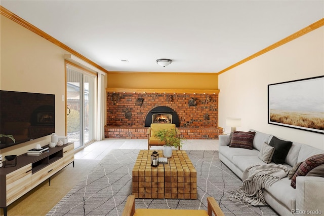 3765 S Depew St, Denver, CO 80235 - living area featuring carpet flooring, ornamental molding, and a brick fireplace