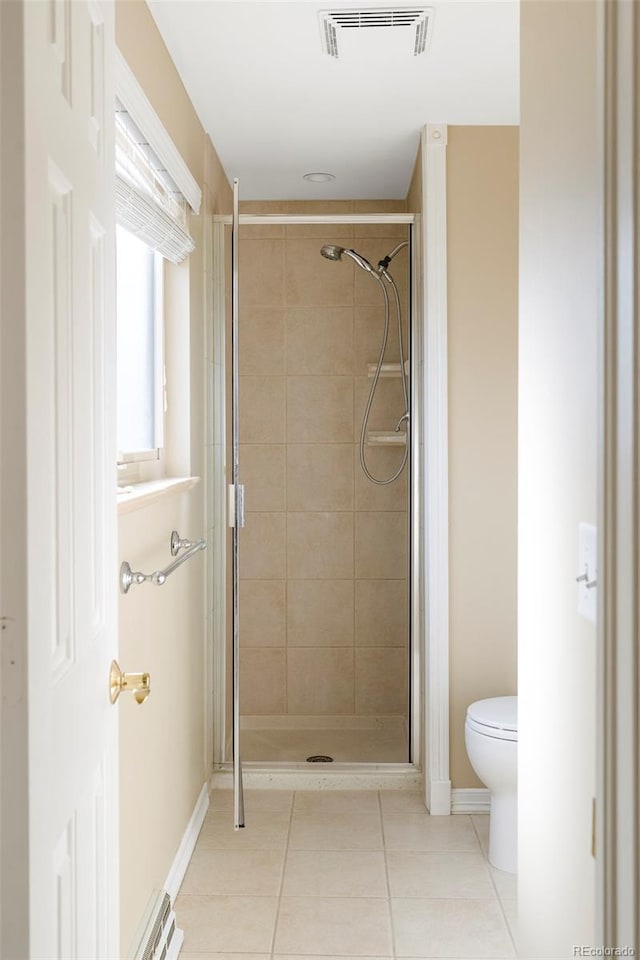 3765 S Depew St, Denver, CO 80235 - bathroom featuring toilet, visible vents, tile patterned flooring, and a shower stall