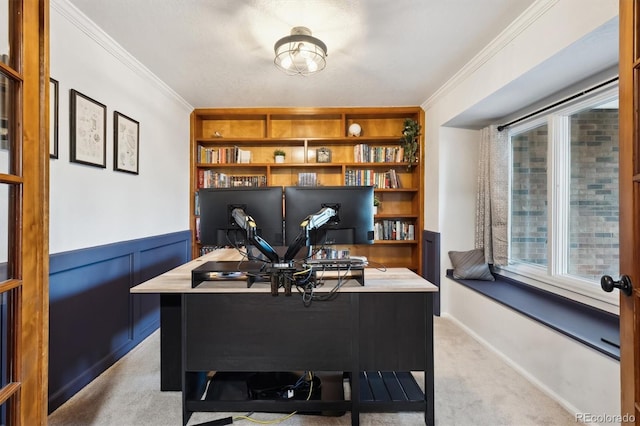 1998 S Harlan Ct, Lakewood, CO 80227 - office featuring light carpet, ornamental molding, built in shelves, and a wainscoted wall