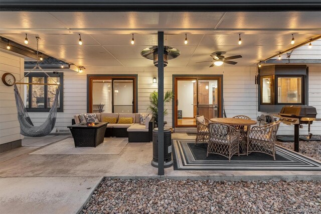 1998 S Harlan Ct, Lakewood, CO 80227 - view of patio / terrace featuring an outdoor living space, a ceiling fan, outdoor dining area, and area for grilling