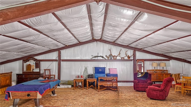 recreation room featuring pool table and vaulted ceiling