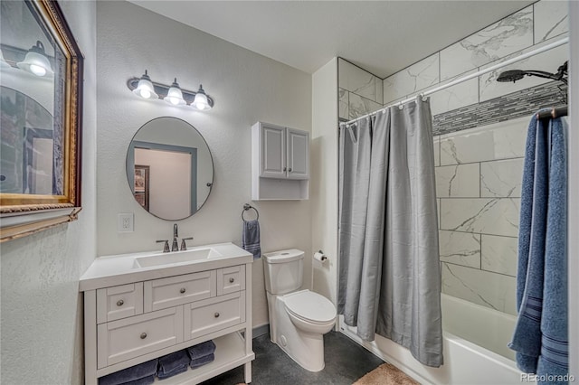 full bathroom with shower / bath combination with curtain, vanity with extensive cabinet space, and toilet