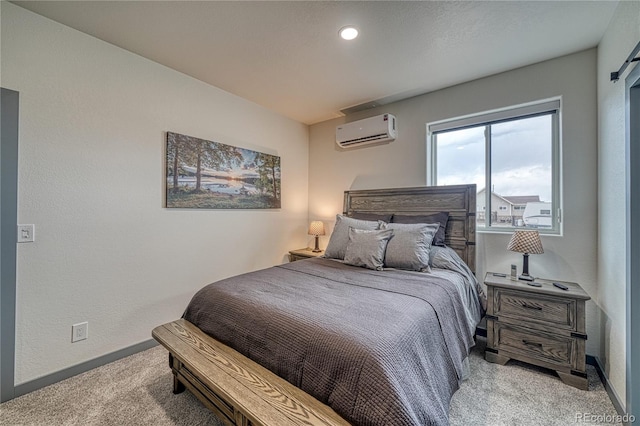 carpeted bedroom featuring a wall mounted AC