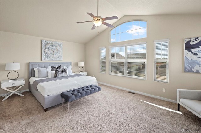 10414 Declaration Dr, Colorado Springs, CO 80925 - bedroom with carpet, high vaulted ceiling, and ceiling fan