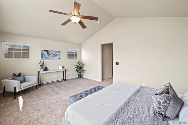 10414 Declaration Dr, Colorado Springs, CO 80925 - bedroom featuring carpet flooring, high vaulted ceiling, and ceiling fan