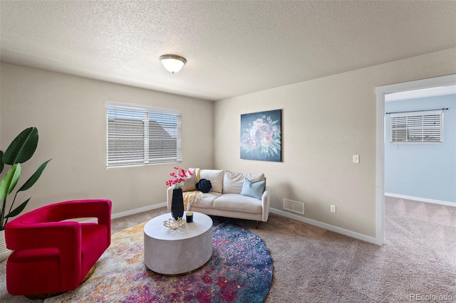 10414 Declaration Dr, Colorado Springs, CO 80925 - carpeted living room with baseboards and a textured ceiling