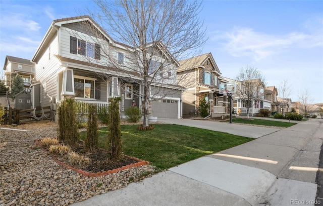 view of front facade with a front lawn, a garage, driveway, a residential view, and a porch