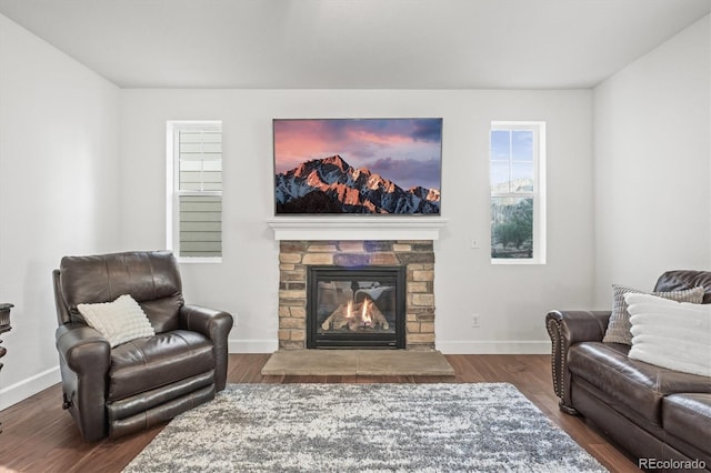 living room with a stone fireplace, healthy amount of natural light, and wood finished floors