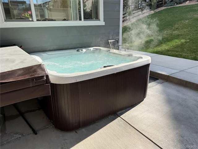 view of patio featuring a hot tub