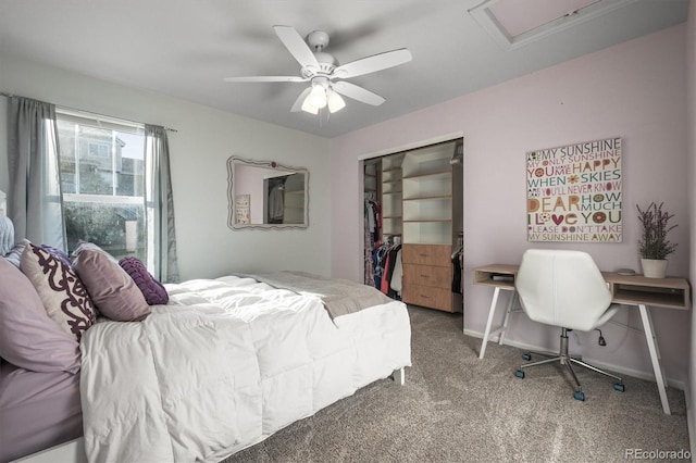 carpeted bedroom with a closet and a ceiling fan