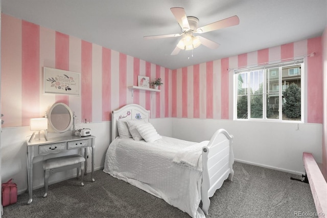 bedroom featuring carpet, ceiling fan, and wallpapered walls