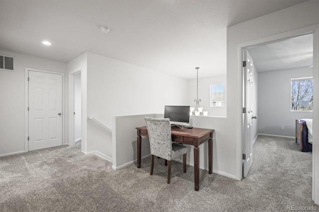 office area featuring carpet floors, baseboards, and recessed lighting