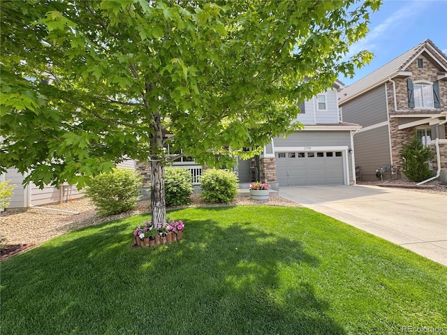 2198 Broadleaf Loop, Castle Rock, CO 80109 - obstructed view of property featuring stone siding, driveway, a garage, and a front lawn