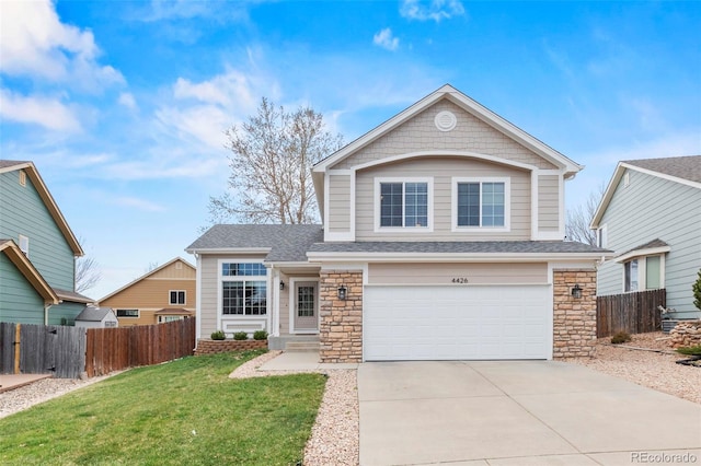 4426 Crow Creek Dr, Colorado Springs, CO 80922 - view of front of house with stone siding, concrete driveway, a garage, and roof with shingles